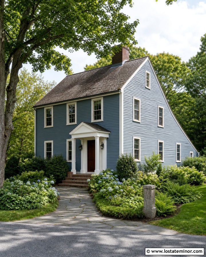 Dusty Blue Saltbox With Simple Portico - 30 Dusty Blue House Design With Portico Ideas
