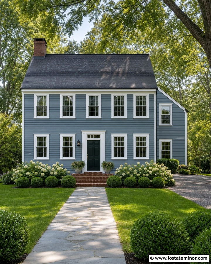 Dusty Blue Saltbox With White Window Frames - 30 Dusty Blue House Design With Window Frames Ideas