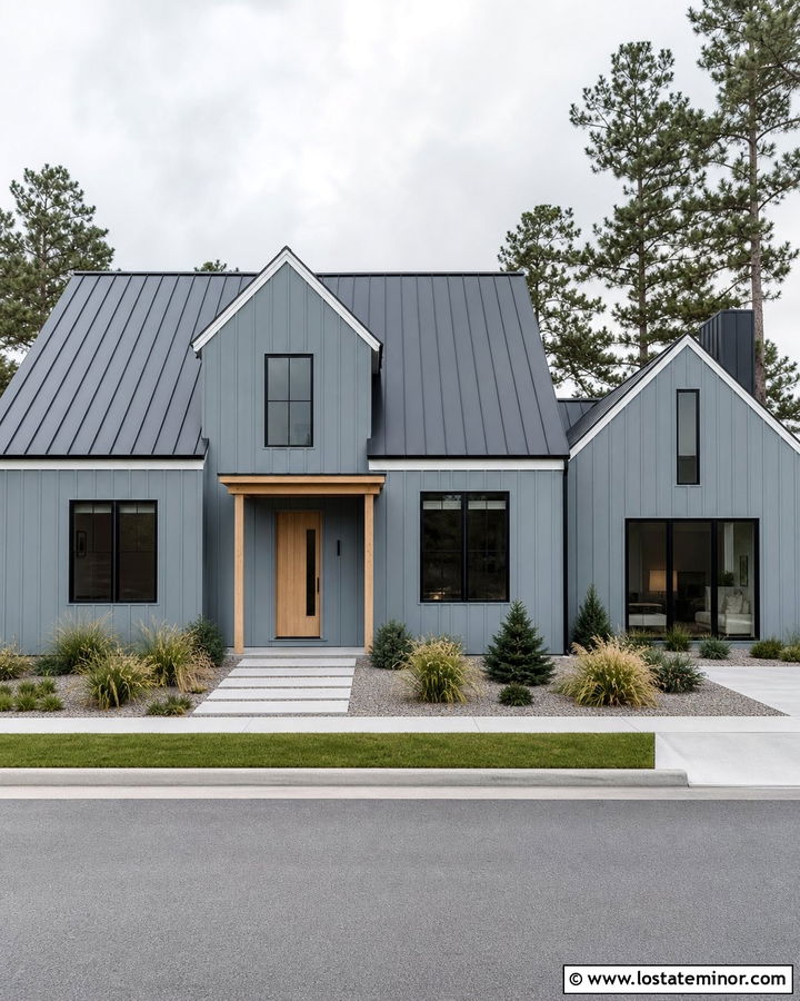 Dusty Blue Scandinavian House With Pale Wood Door - 30 Dusty Blue House Design With Entry Door Ideas