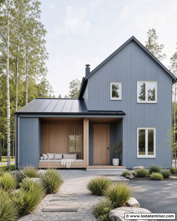Dusty Blue Scandinavian House With Wood Daybed - 30 Dusty Blue House Design With Daybed Ideas