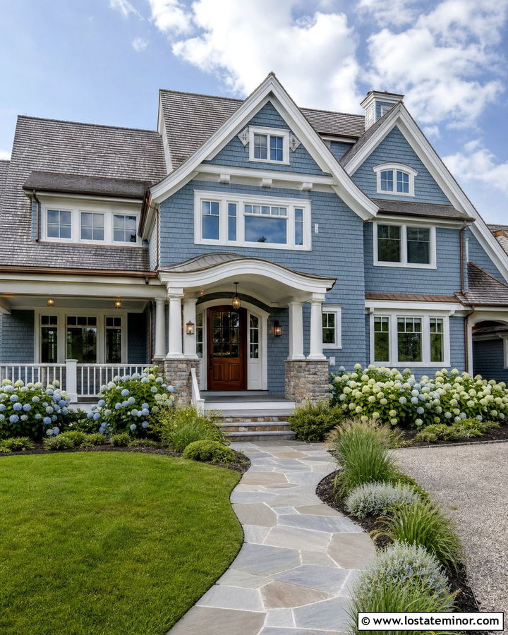 Dusty Blue Shingle House With Copper Pendants - 30 Dusty Blue House Design With Light Fixtures Ideas