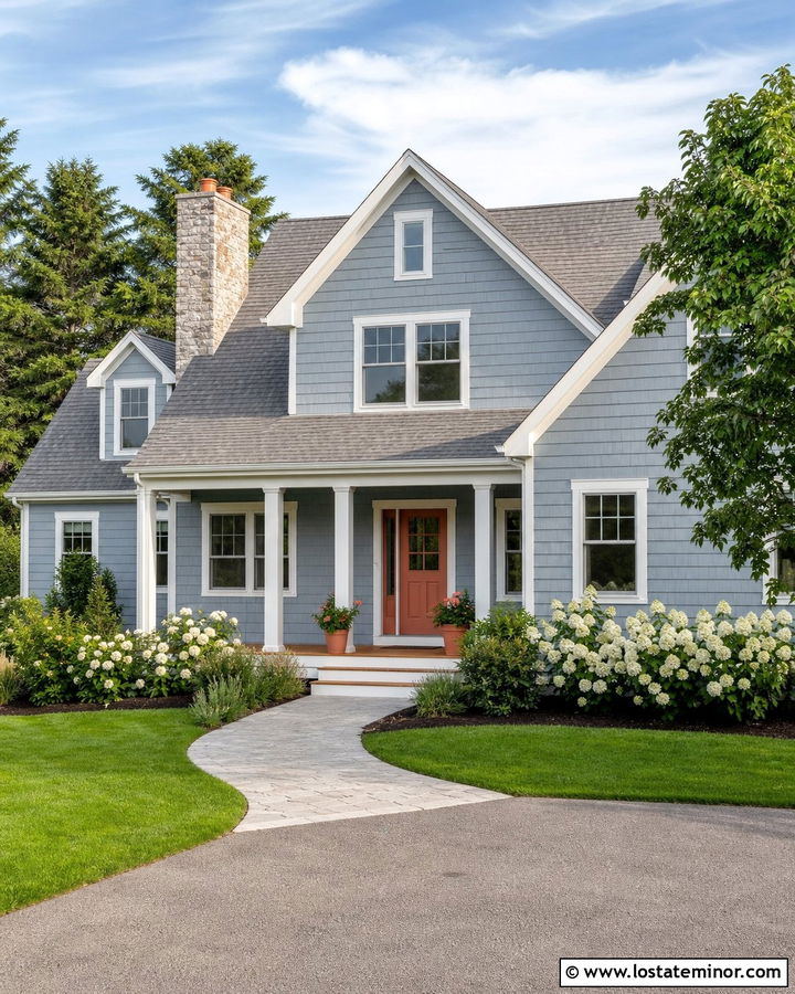 Dusty Blue Shingle House With Coral Front Door - 30 Dusty Blue House Design With Entry Door Ideas