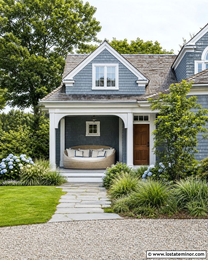 Dusty Blue Shingle House With Curved Daybed - 30 Dusty Blue House Design With Daybed Ideas