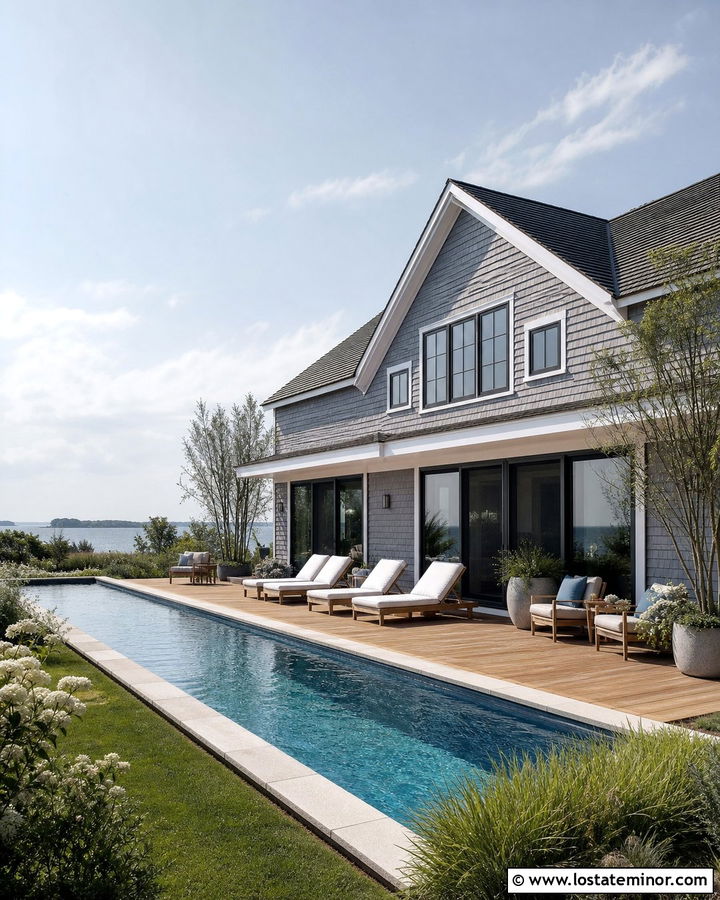 Dusty Blue Shingle House With Lap Pool - 30 Dusty Blue House Design With Swimming Pool Ideas