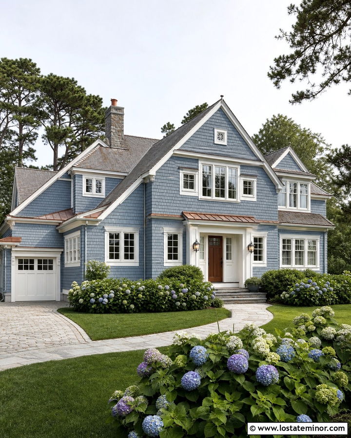 Dusty Blue Shingle House With Layered Gables - 30 Dusty Blue House Design With Gables Ideas