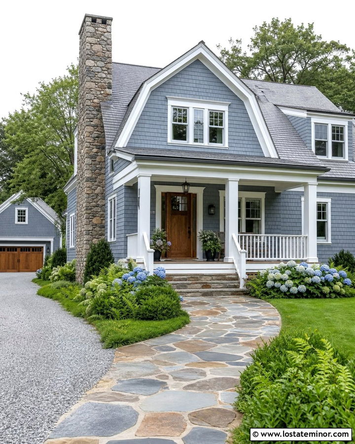Dusty Blue Shingle House With Natural Stone Walkway - 30 Dusty Blue House Design With Walkway Ideas