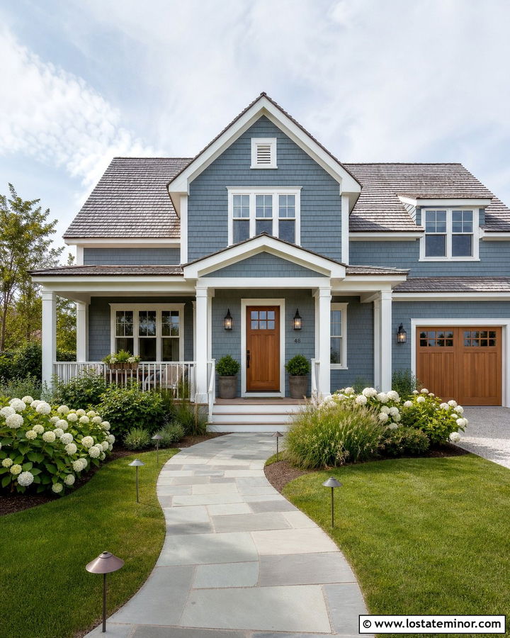 Dusty Blue Shingle House With Path Lighting - 30 Dusty Blue House Design With Lighting Ideas