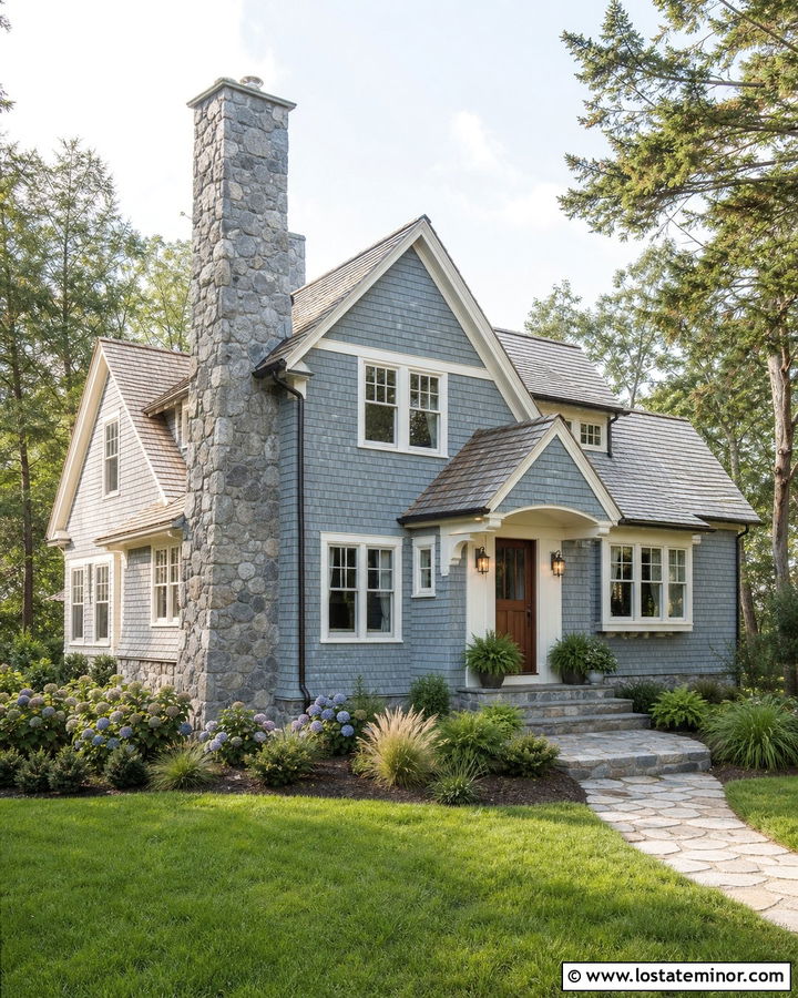 Dusty Blue Shingle House With Stone Chimney - 30 Dusty Blue House Design With Stone Accents Ideas