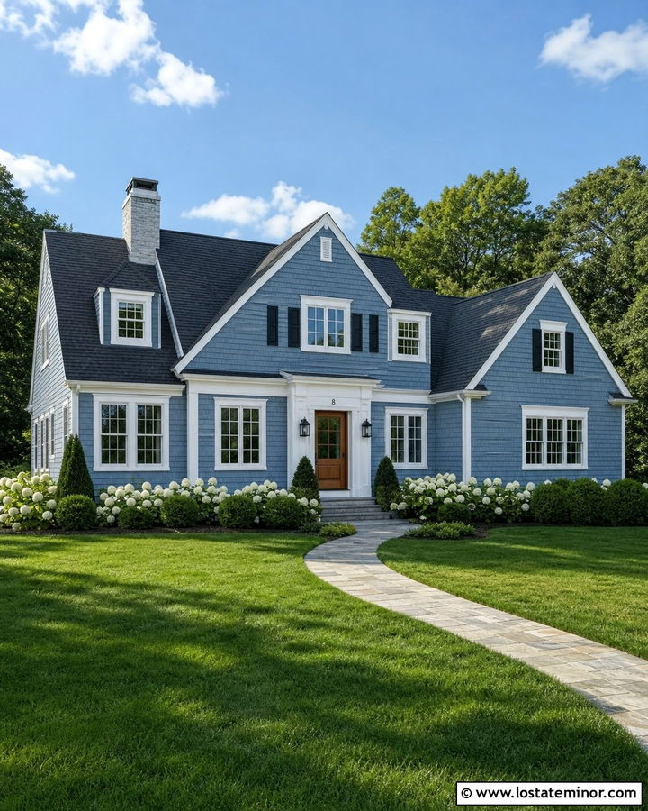 Dusty Blue Shingle House With White Trim - 30 Dusty Blue House Design With Shingles Ideas