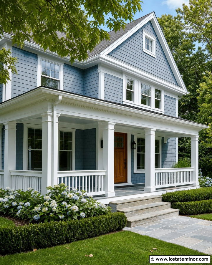 Dusty Blue Shingle House With White Wraparound Porch - 30 Dusty Blue House Design With Accents Ideas