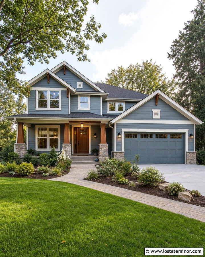 Dusty Blue Siding With A Natural Wood Door - 30 Dusty Blue House Design With Siding Ideas