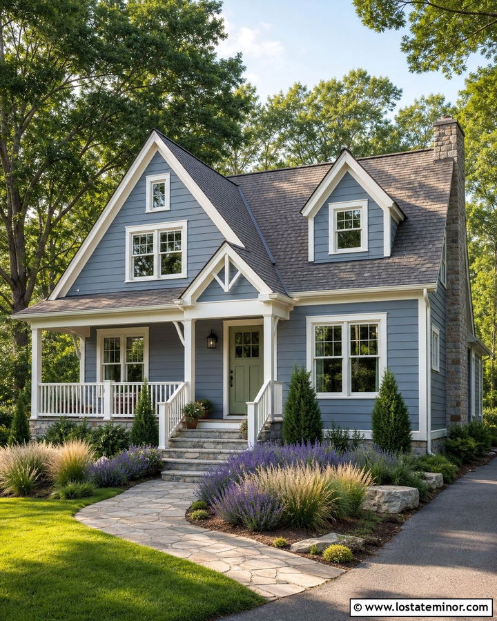 Dusty Blue Siding With A Sage Green Door - 30 Dusty Blue House Design With Siding Ideas