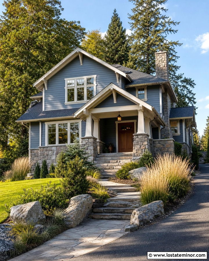 Dusty Blue Siding With A Stone Porch - 30 Dusty Blue House Design With Siding Ideas