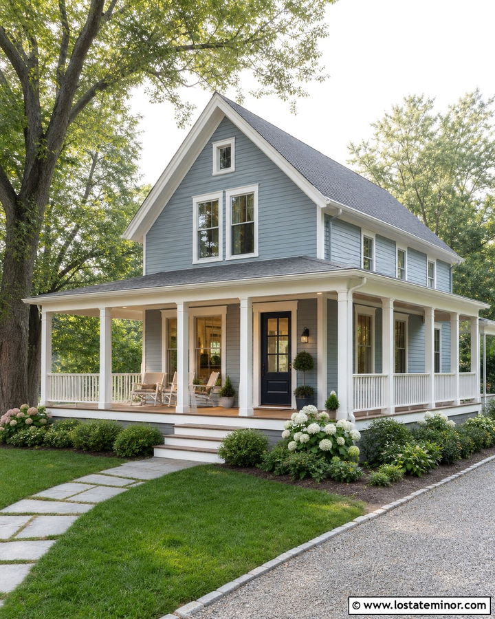 Dusty Blue Siding With A Wraparound Porch - 30 Dusty Blue House Design With Siding Ideas