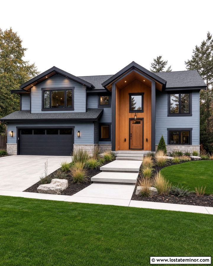 Dusty Blue Siding With Cedar Accents - 30 Dusty Blue House Design With Siding Ideas