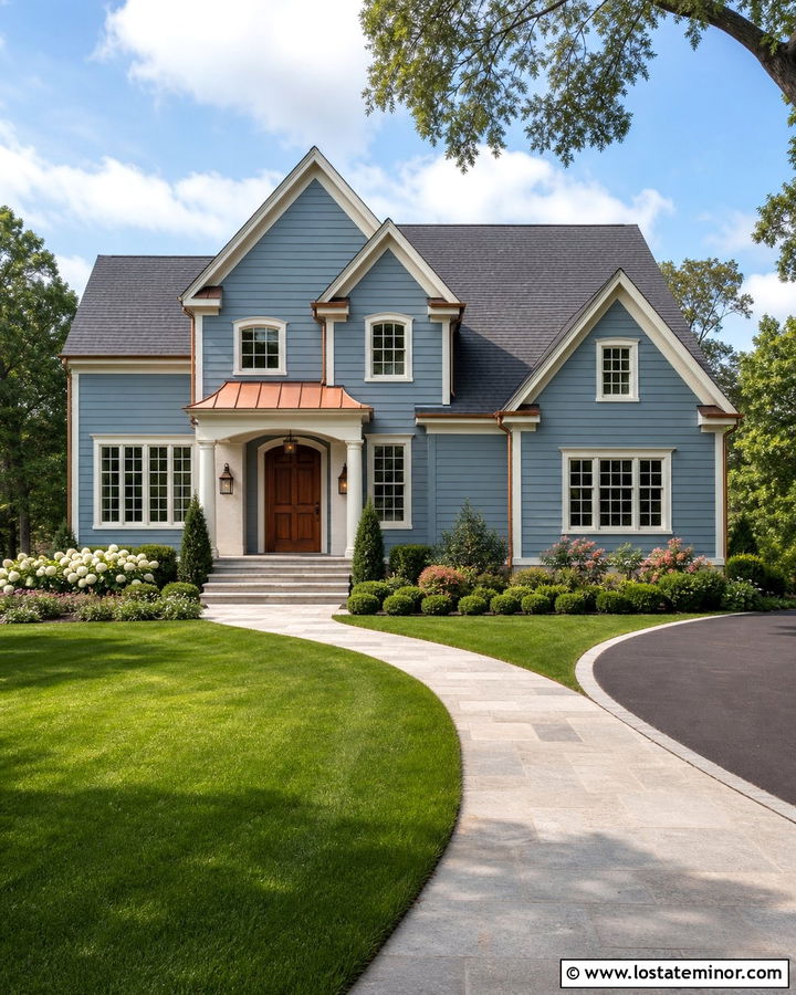 Dusty Blue Siding With Copper Accents - 30 Dusty Blue House Design With Siding Ideas