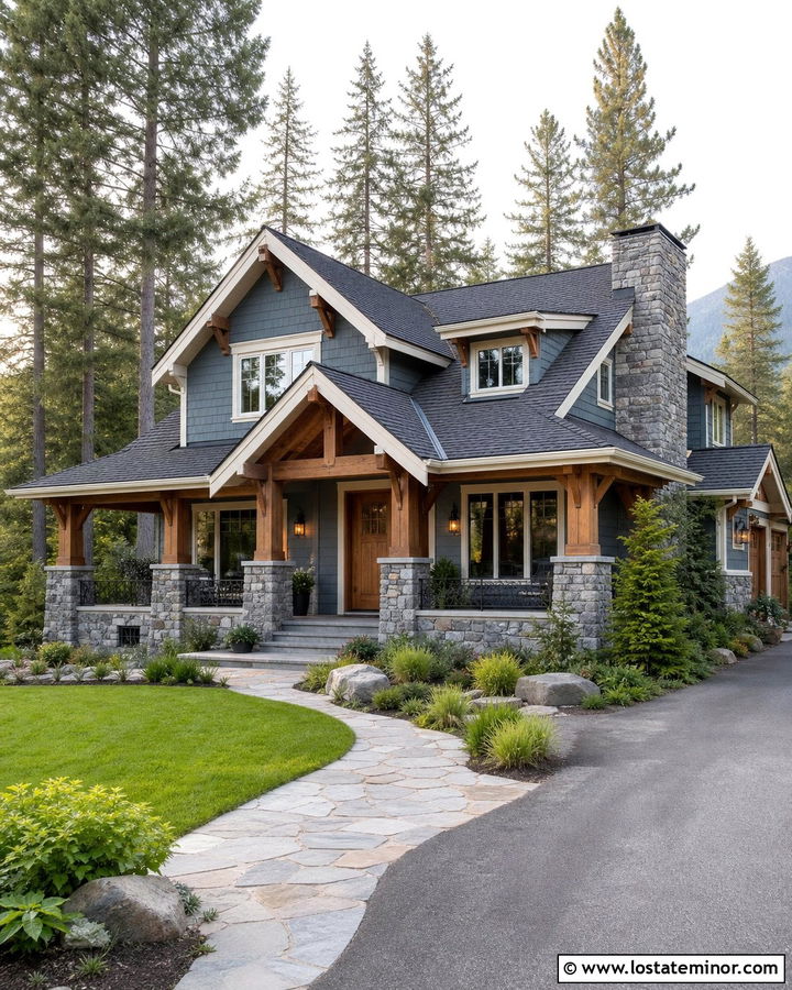 Dusty Blue Siding With Gray Stone - 30 Dusty Blue House Design With Siding Ideas