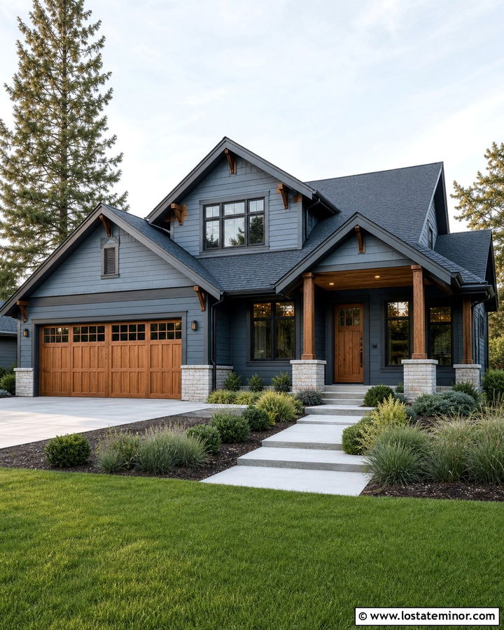 Dusty Blue Siding With Wood Garage Doors - 30 Dusty Blue House Design With Siding Ideas