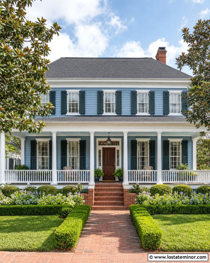 Dusty Blue Southern House With Brick Porch - 30 Dusty Blue House Design With Brick Accents Ideas