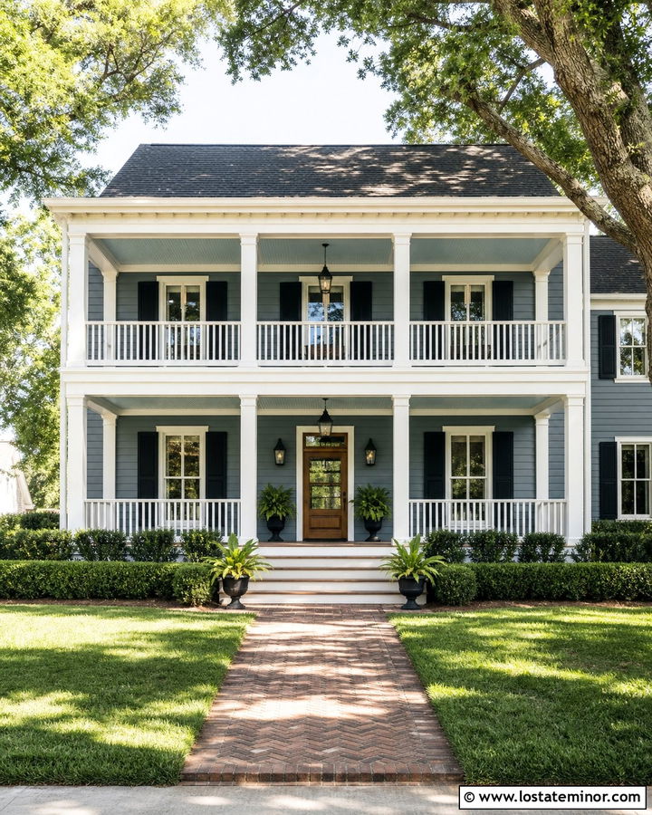 Dusty Blue Southern House With Double Porch - 30 Dusty Blue House Design With Front Porch Ideas