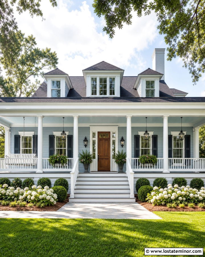 Dusty Blue Southern House With White Swing - 30 Dusty Blue House Design With Swing Ideas