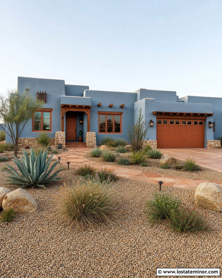 Dusty Blue Southwest House With Clay Window Frames - 30 Dusty Blue House Design With Window Frames Ideas