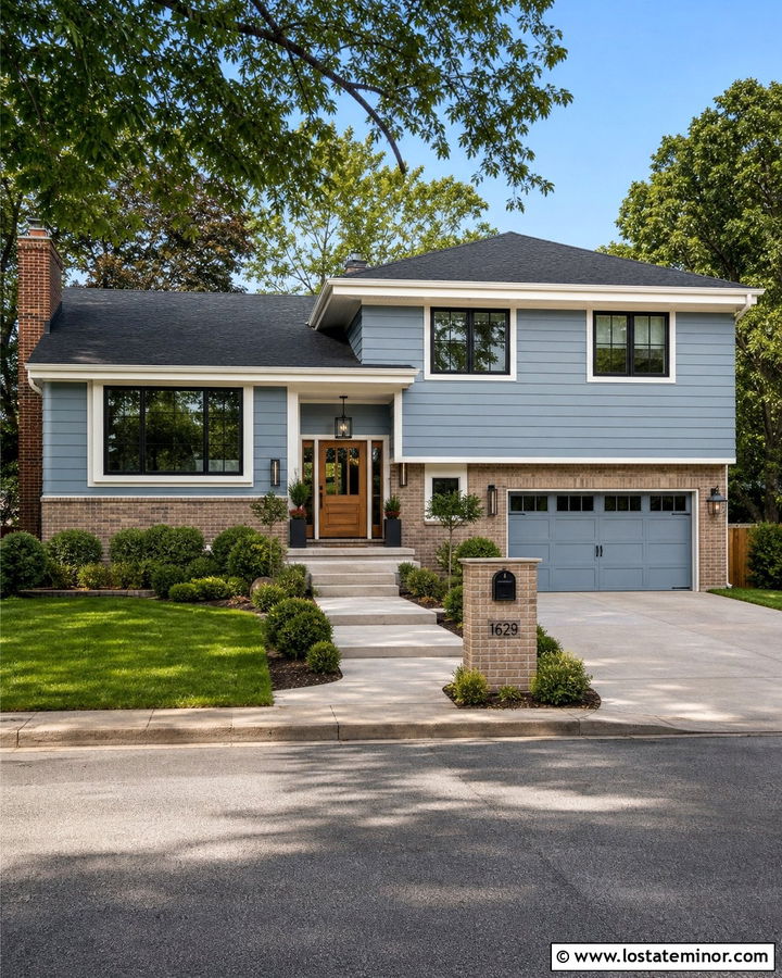 Dusty Blue Split Level House With Brick Garage - 30 Dusty Blue House Design With Brick Accents Ideas