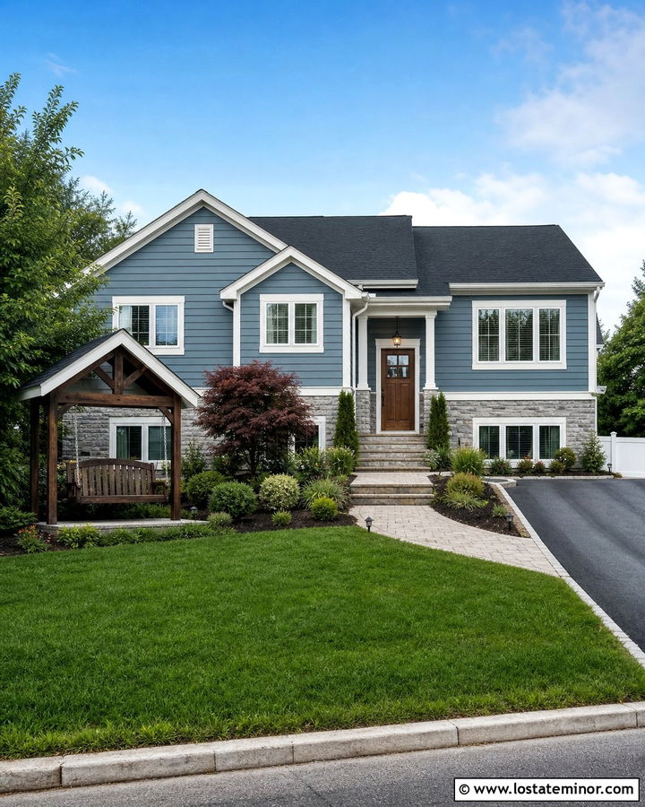 Dusty Blue Split Level House With Covered Swing - 30 Dusty Blue House Design With Swing Ideas