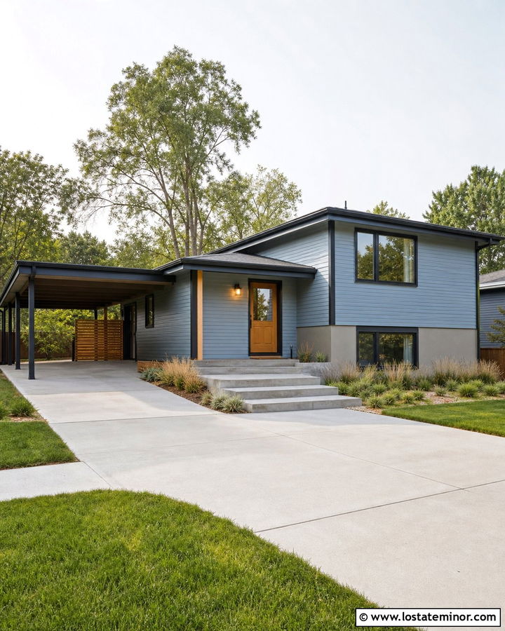 Dusty Blue Split Level House With Lean To Carport - 30 Dusty Blue House Design With Carport Ideas