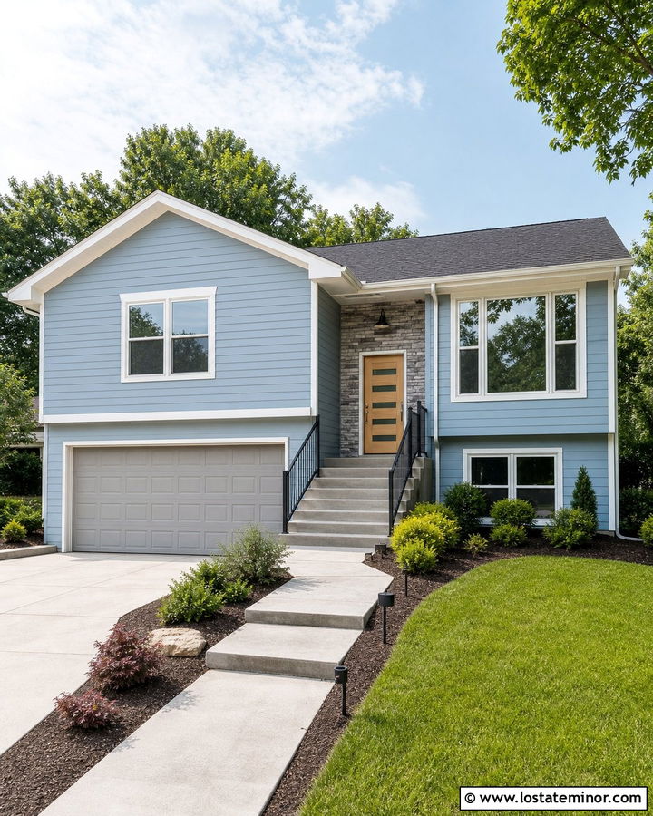 Dusty Blue Split Level House With Light Gray Garage Door - 30 Dusty Blue House Design With Garage Door Ideas