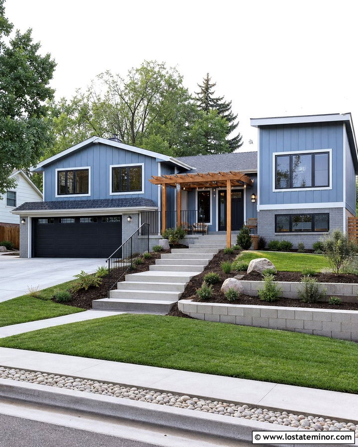 Dusty Blue Split Level House With Pergola - 30 Dusty Blue House Design With Pergola Ideas
