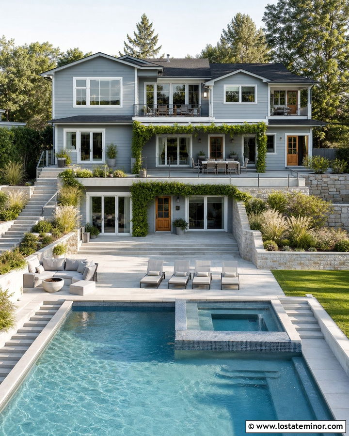 Dusty Blue Split Level House With Tiered Pool Deck - 30 Dusty Blue House Design With Swimming Pool Ideas