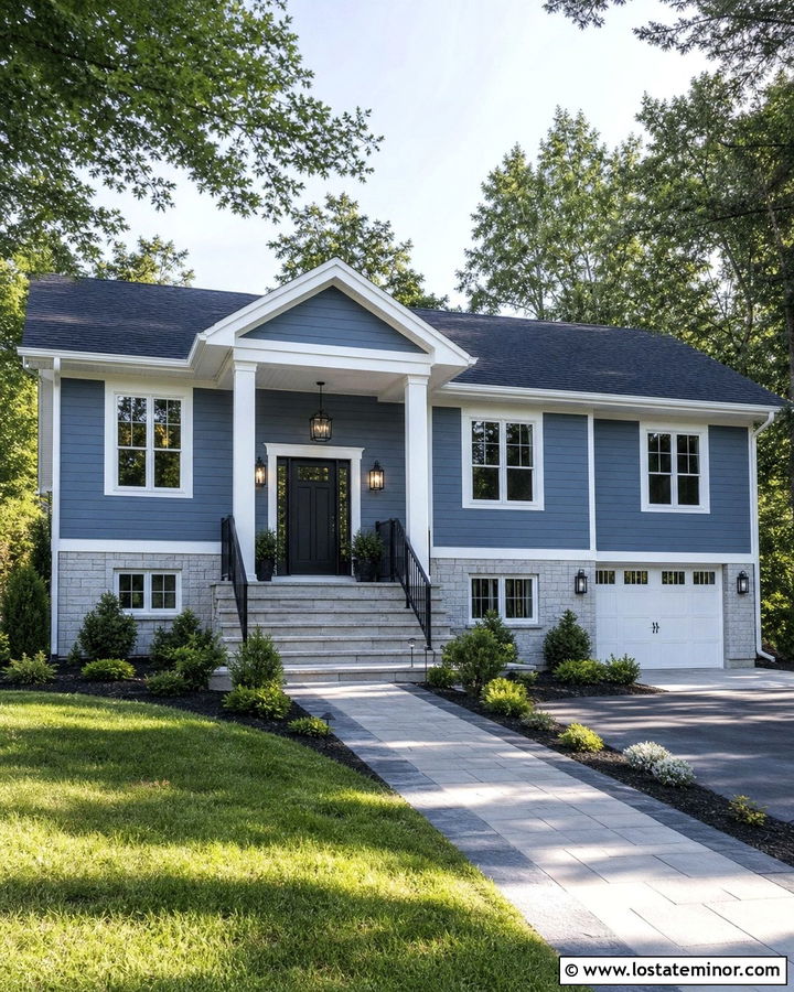 Dusty Blue Split Level With A Columned Portico - 30 Dusty Blue House Design With Porch Columns Ideas
