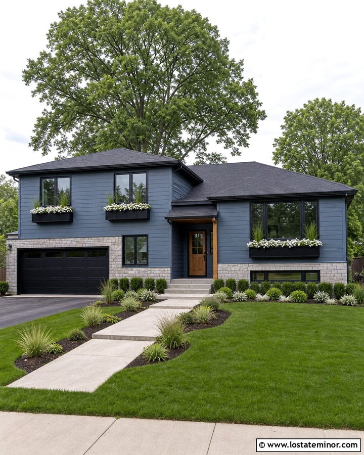 Dusty Blue Split Level With Black Window Boxes - 30 Dusty Blue House Design With Window Boxes Ideas