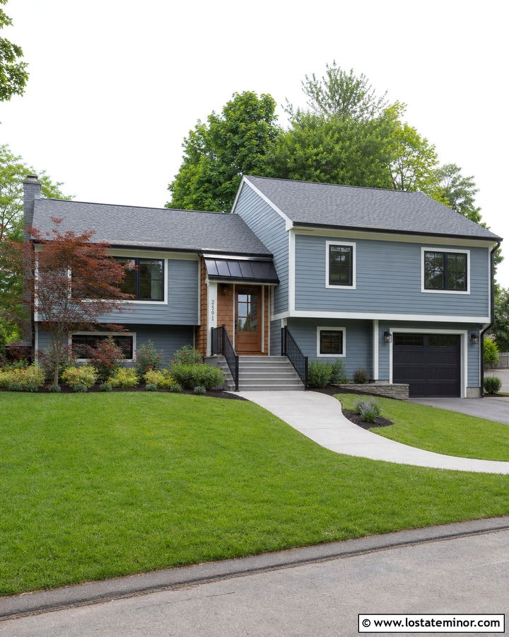 Dusty Blue Split Level With Cedar Shake Entry - 30 Dusty Blue House Design With Cedar Shake Ideas