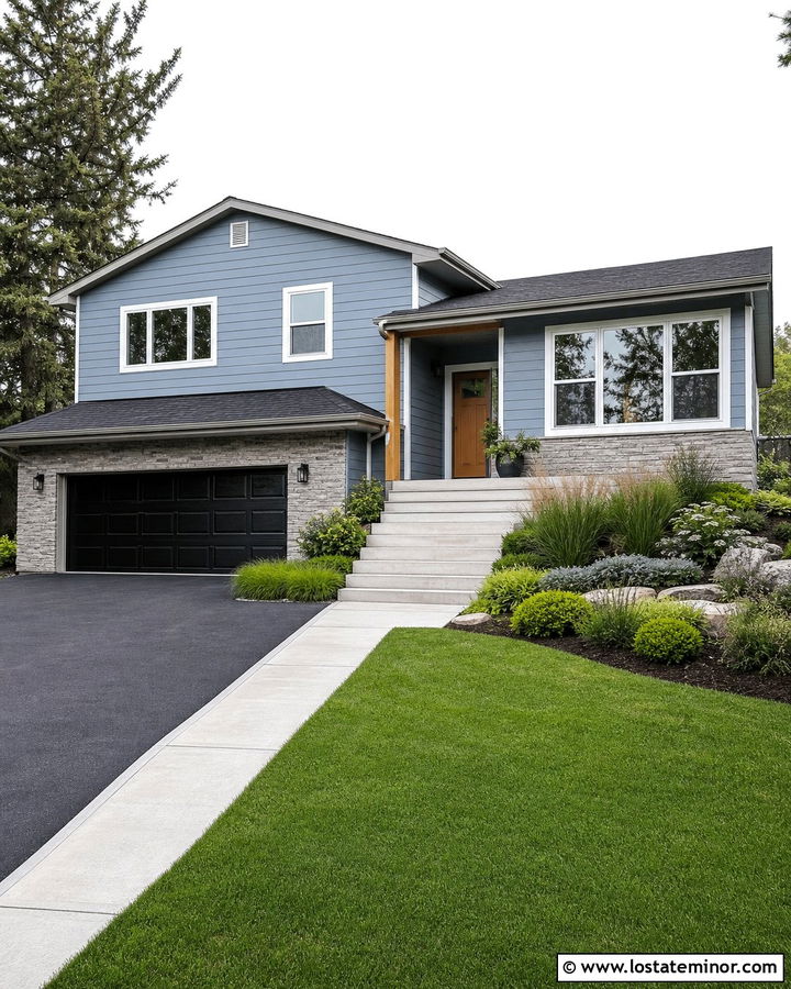 Dusty Blue Split Level With Charcoal Asphalt Driveway - 30 Dusty Blue House Design With Driveway Ideas