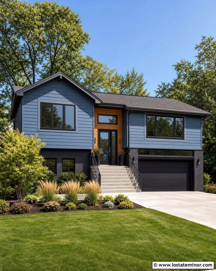 Dusty Blue Split Level With Charcoal Brick Wainscoting - 30 Dusty Blue House Design With Wainscoting Ideas