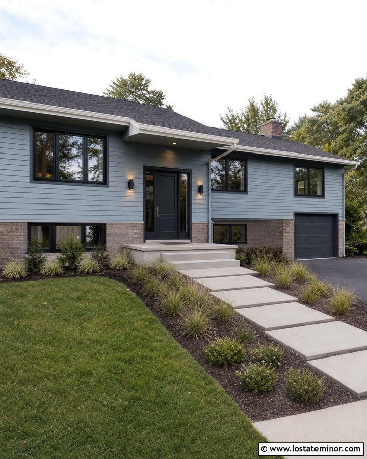 Dusty Blue Split Level With Charcoal Front Door - 30 Dusty Blue House Design With Entry Door Ideas