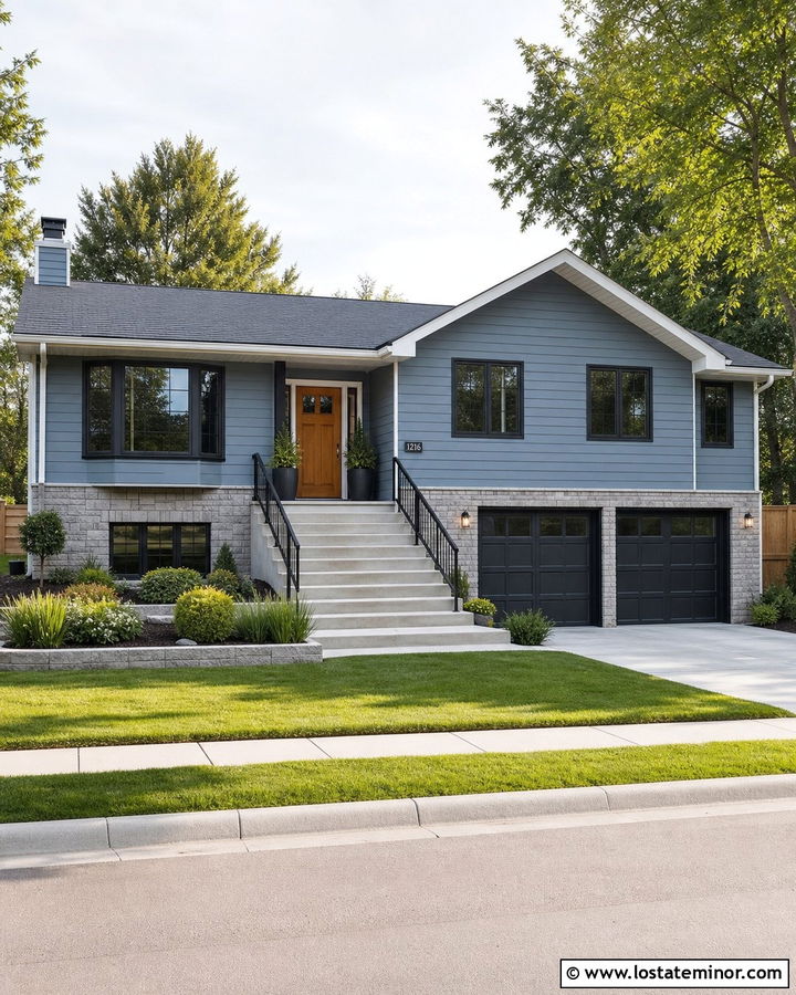 Dusty Blue Split Level With Charcoal Storm Door - 30 Dusty Blue House Design With Storm Door Ideas