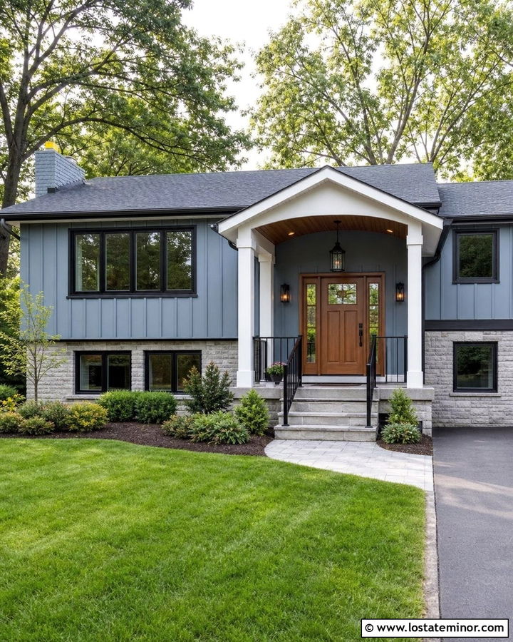 Dusty Blue Split Level With Covered Front Porch - 30 Dusty Blue House Design With Front Porch Ideas
