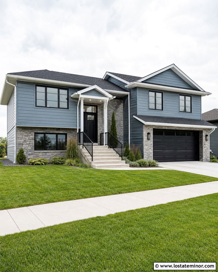 Dusty Blue Split Level With Entry Railings - 30 Dusty Blue House Design With Railings Ideas