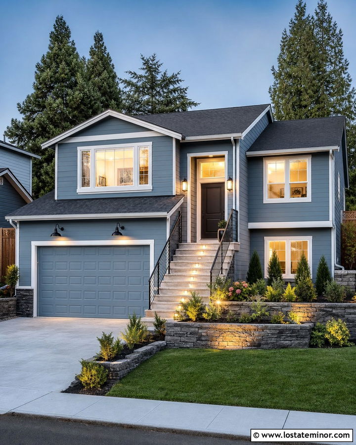 Dusty Blue Split Level With Garage Sconces - 30 Dusty Blue House Design With Lighting Ideas