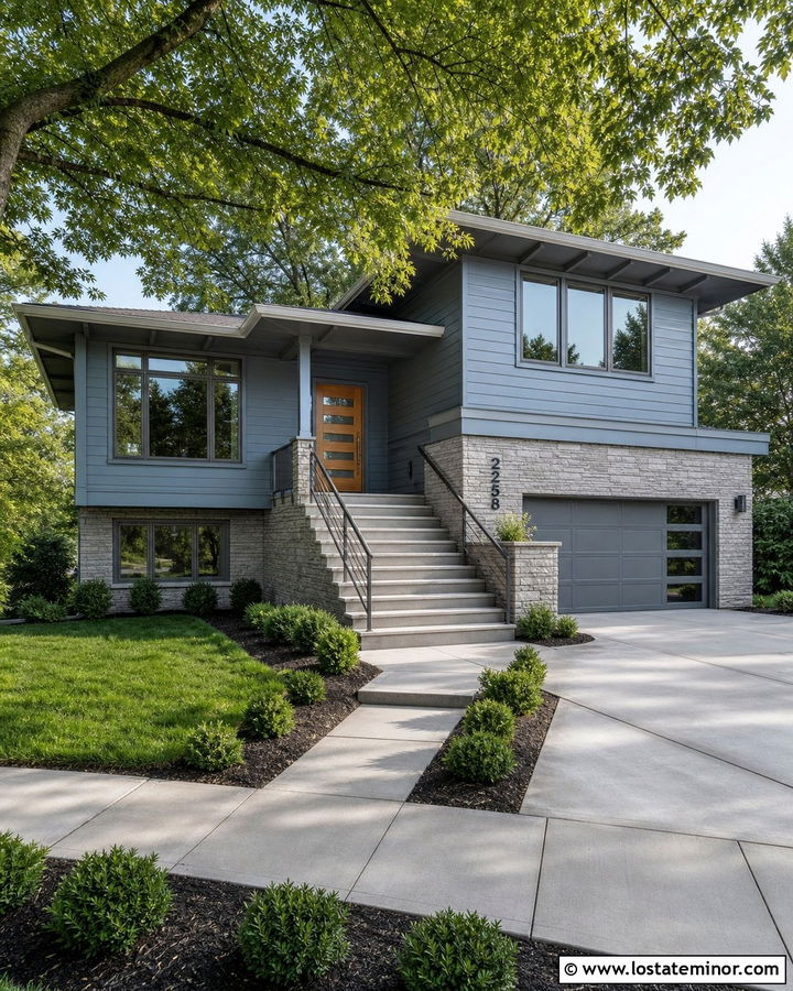 Dusty Blue Split Level With Gray Window Frames - 30 Dusty Blue House Design With Window Frames Ideas