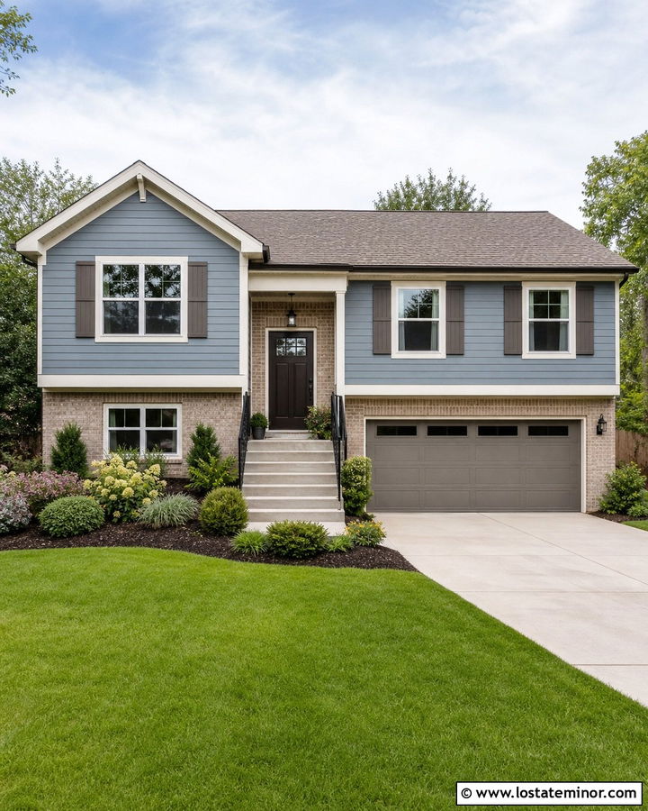 Dusty Blue Split Level With Greige Shutters - 30 Dusty Blue House Design With Shutters Ideas