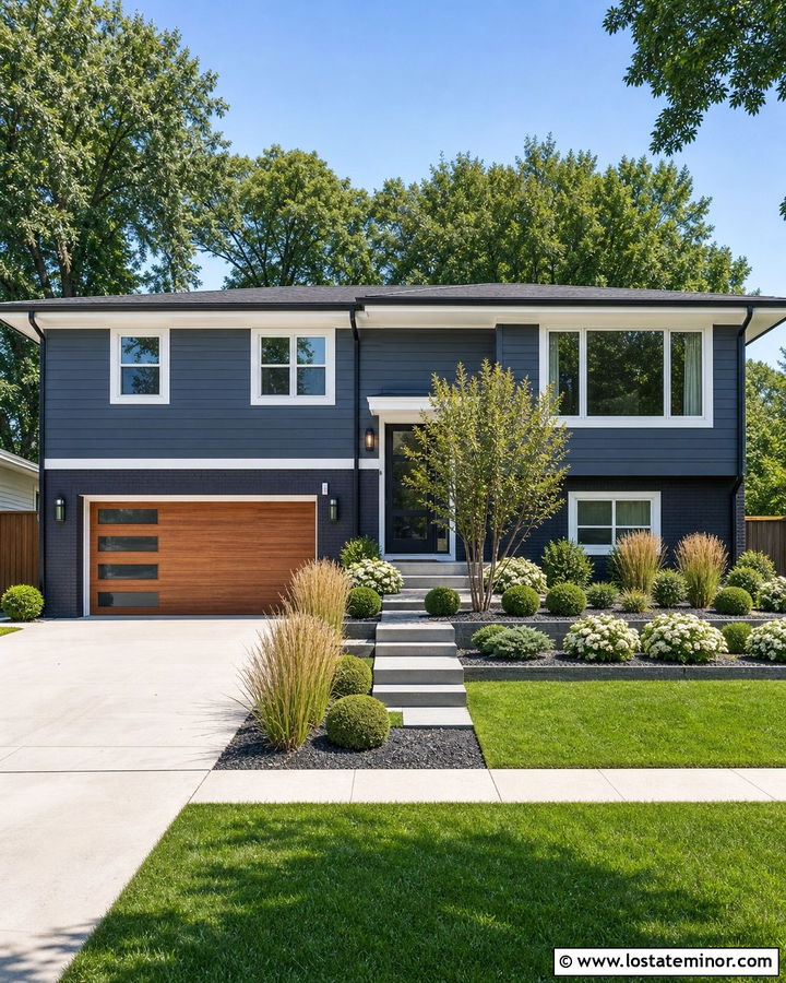 Dusty Blue Split Level With Modern Planting - 30 Dusty Blue House Design With Landscaping Ideas