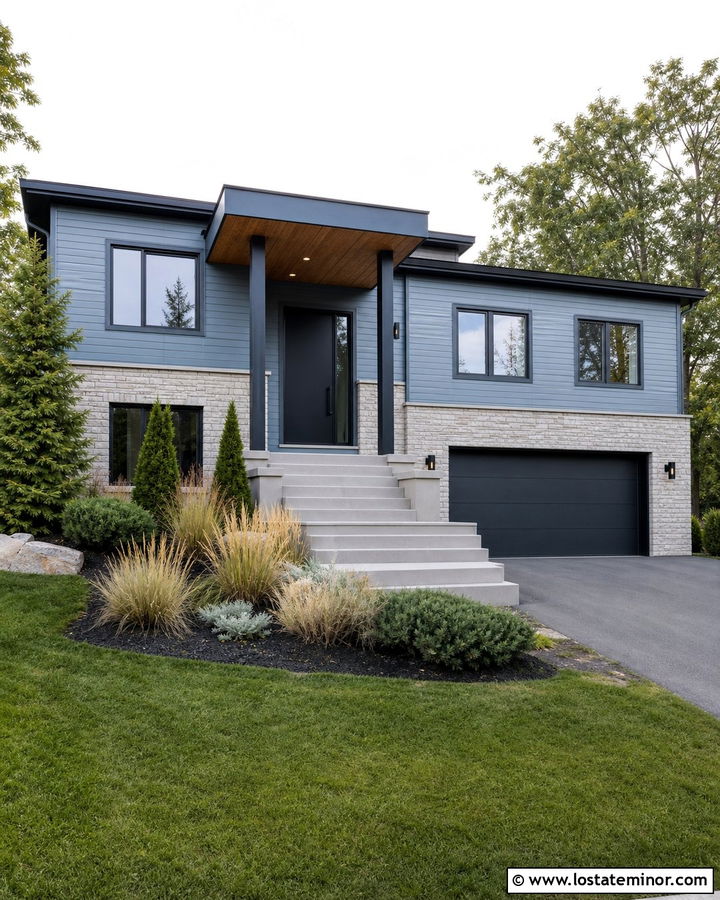 Dusty Blue Split Level With Modern Portico - 30 Dusty Blue House Design With Portico Ideas
