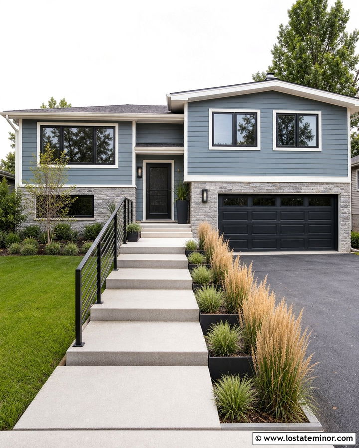 Dusty Blue Split Level With Modern Screen Door - 30 Dusty Blue House Design With Screen Door Ideas
