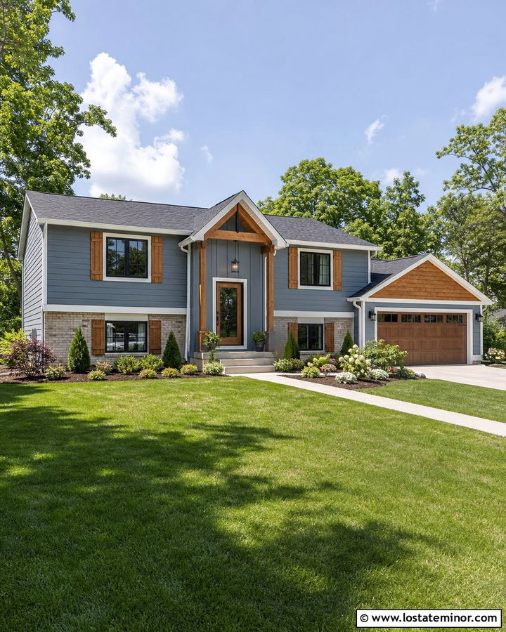 Dusty Blue Split Level With New Front Gables - 30 Dusty Blue House Design With Gables Ideas