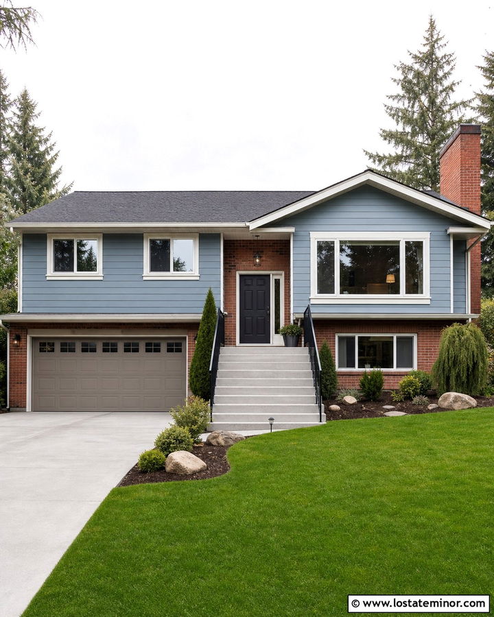 Dusty Blue Split Level With Red Brick Accents - 30 Dusty Blue House Design With Accents Ideas