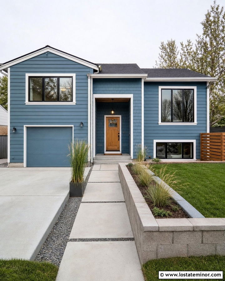 Dusty Blue Split Level With Shingle Accents - 30 Dusty Blue House Design With Shingles Ideas